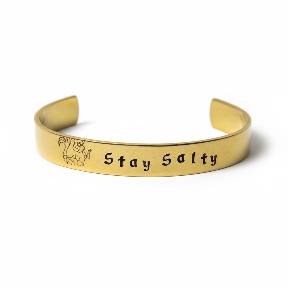 Handmade 'Stay Salty' mermaid design gold‎ brass adjustable Cuff Bracelet